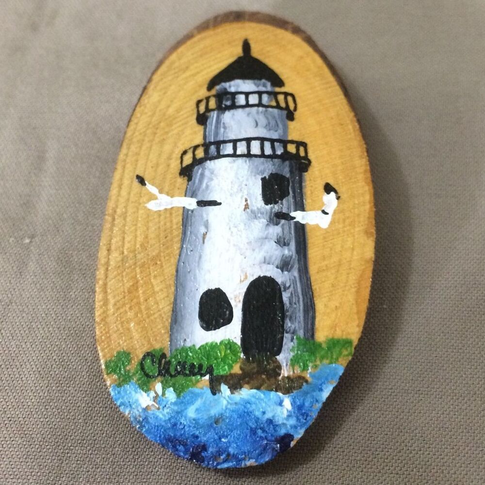 Hand Painted Cape Cod Lighthouse Wood Pin Brooch Coastal Nautical Folk Art Signd